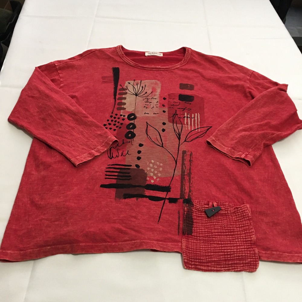 Jess & Jane Tunic Top 3/4 Sleeve Medium Red Floral Abstract Pocket Mineral